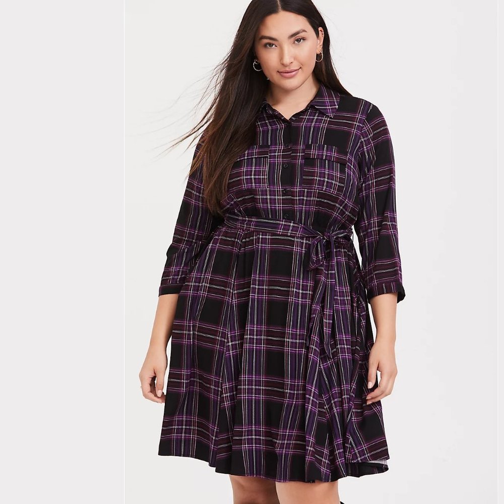 Torrid Purple Plaid Button Front Shirt Dress